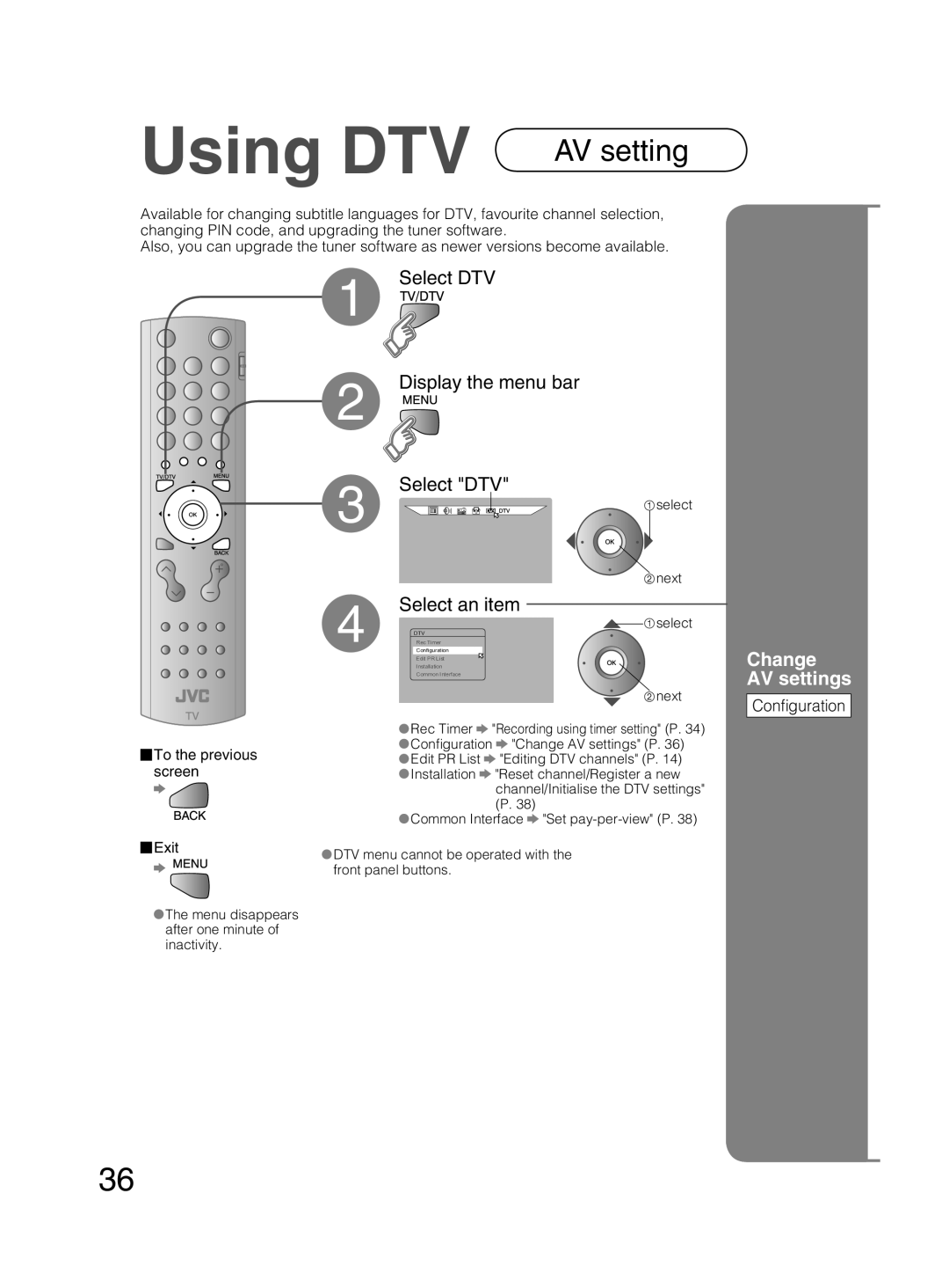 JVC PD-42DX6BJ manual Using DTV, Change AV settings, Conﬁguration 