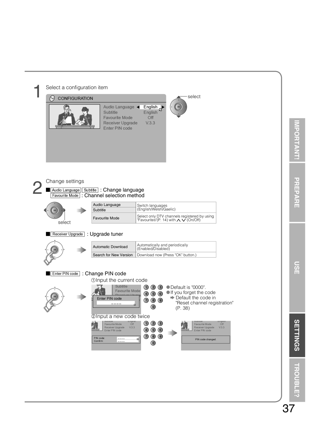 JVC PD-42DX6BJ manual Select a conﬁguration item, Change language, Channel selection method, Change PIN code 