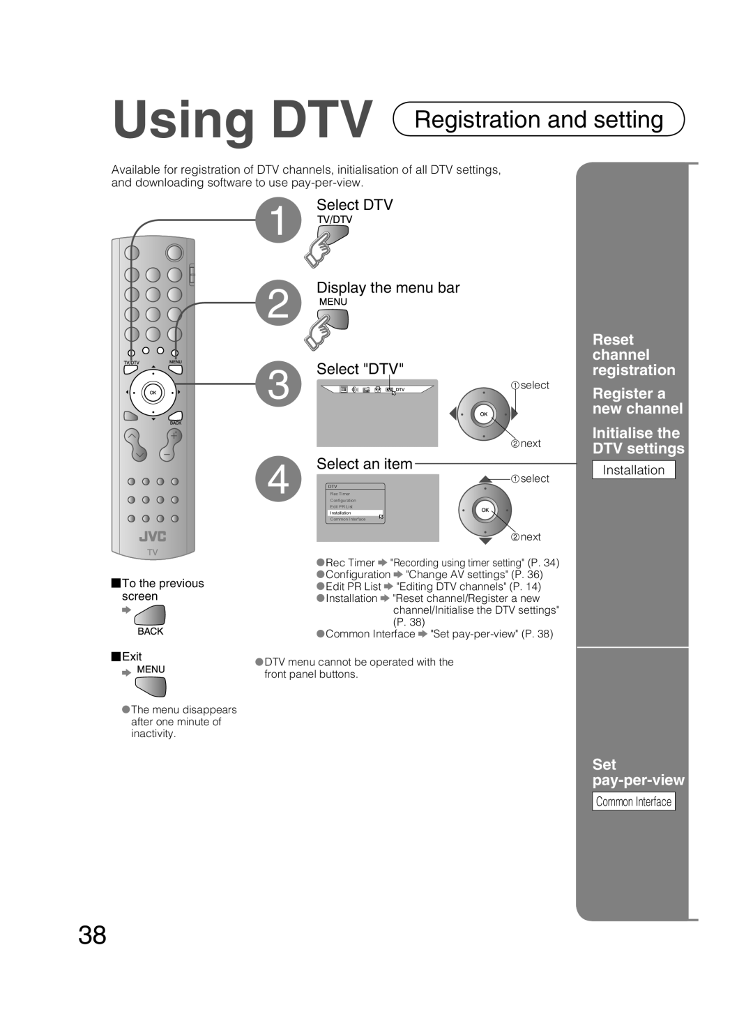 JVC PD-42DX6BJ Reset channel registration, Initialise the DTV settings, Set pay-per-view, Installation, Common Interface 