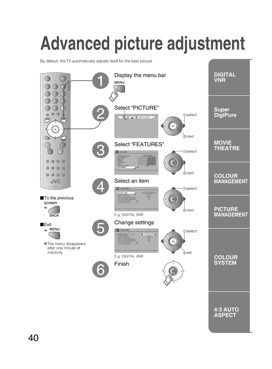 JVC PD-42DX6BJ manual Display the menu bar Select Picture, Select Features, Change settings, Super DigiPure 