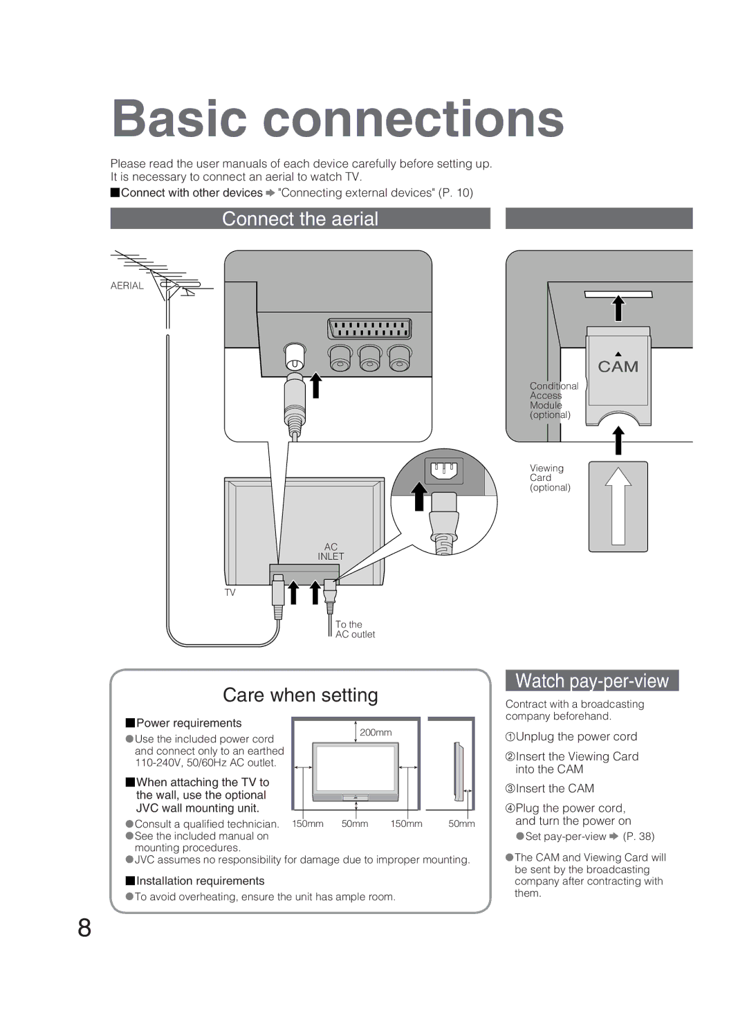 JVC PD-42DX6BJ manual Basic connections, Power requirements, Installation requirements 