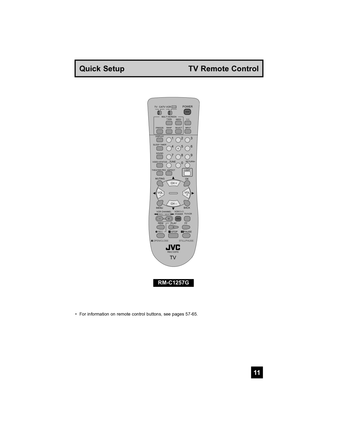 JVC PD-42V485 manual Quick Setup TV Remote Control, RM-C1257G 