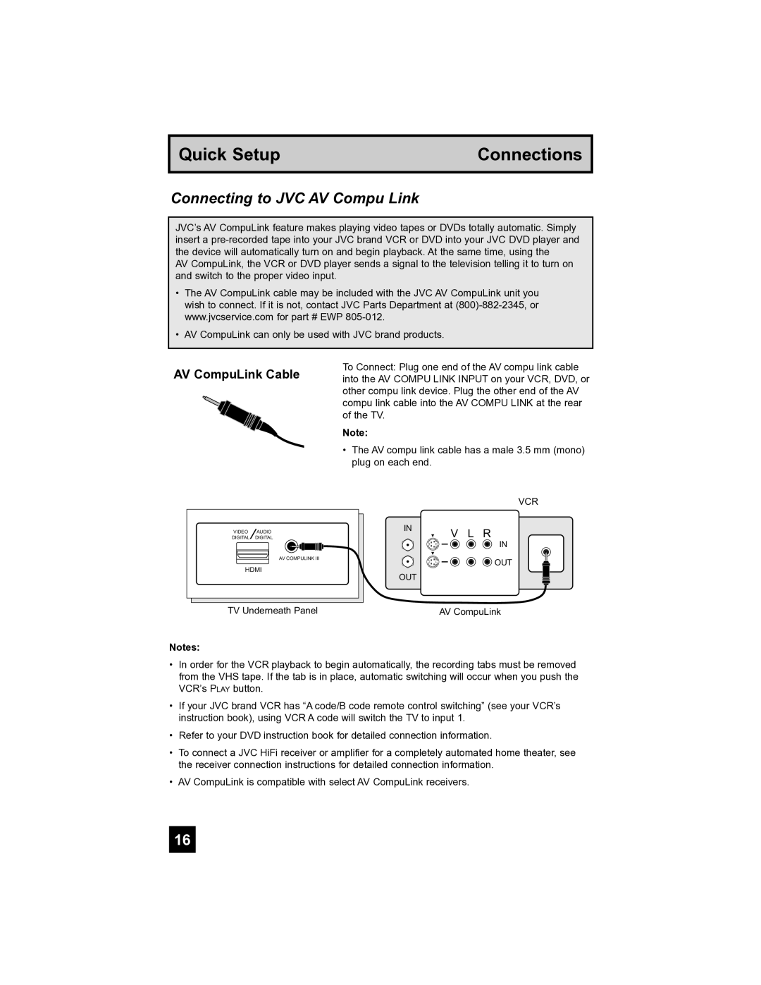 JVC PD-42V485 manual Connecting to JVC AV Compu Link, AV CompuLink Cable 