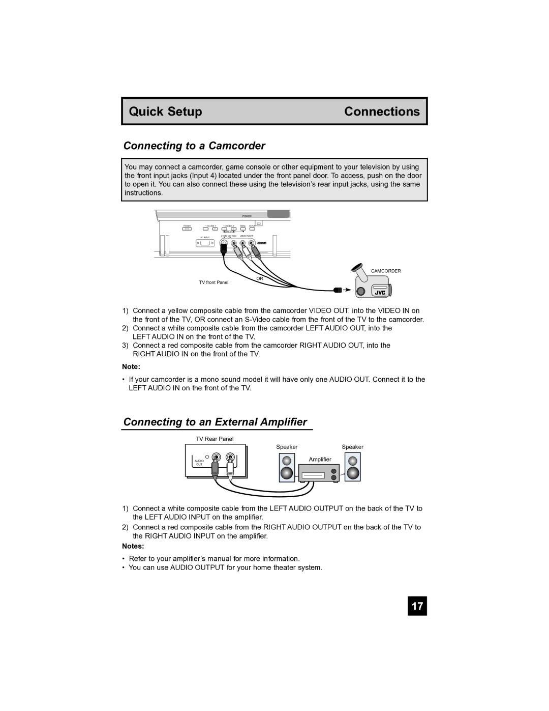 JVC PD-42V485 manual Connecting to a Camcorder, Connecting to an External Amplifier 