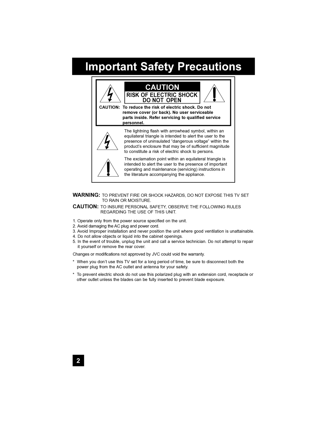 JVC PD-42V485 manual Important Safety Precautions, Risk of Electric Shock Do not Open 