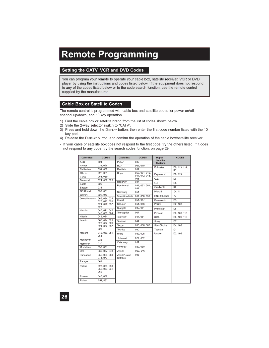 JVC PD-42V485 manual Remote Programming, Setting the CATV, VCR and DVD Codes, Cable Box or Satellite Codes 