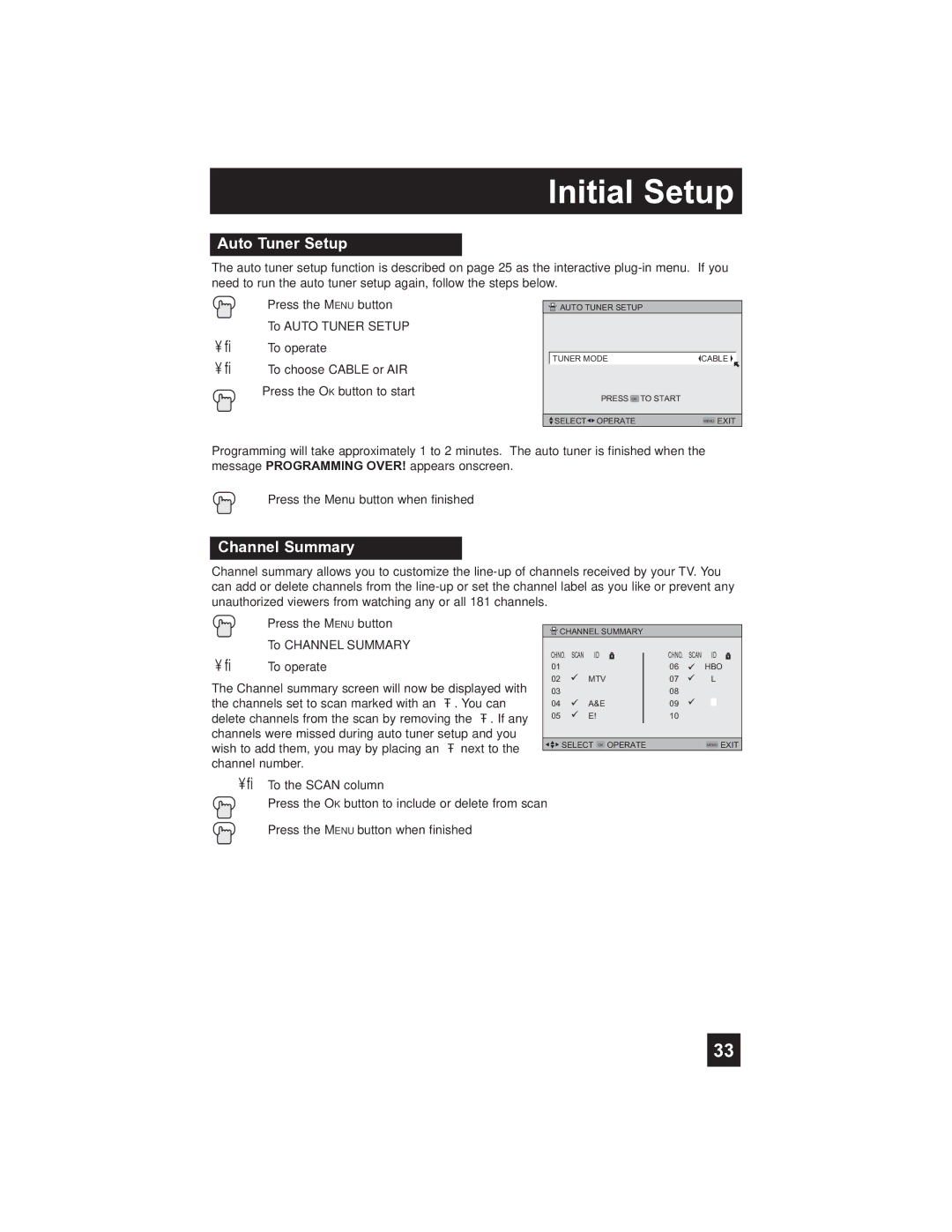 JVC PD-42V485 manual Initial Setup, Auto Tuner Setup, Channel Summary 