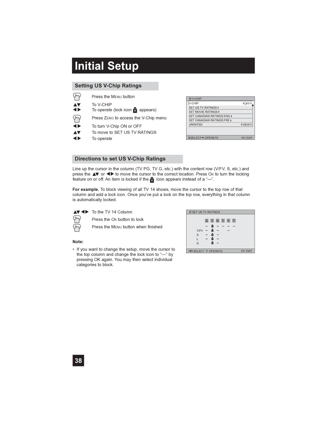 JVC PD-42V485 manual Setting US V-Chip Ratings, Directions to set US V-Chip Ratings 