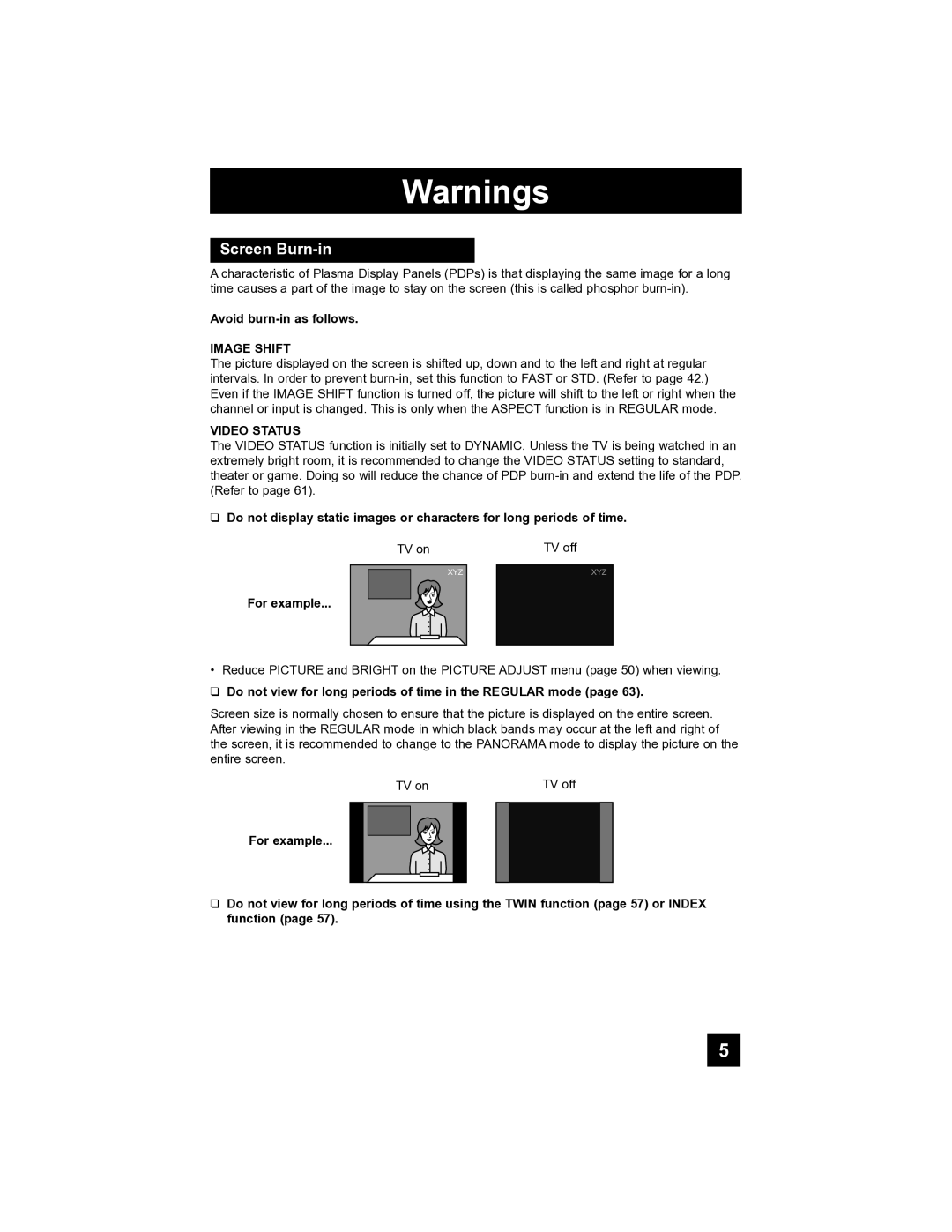 JVC PD-42V485 manual Screen Burn-in, Avoid burn-in as follows, Do not view for long periods of time in the Regular mode 