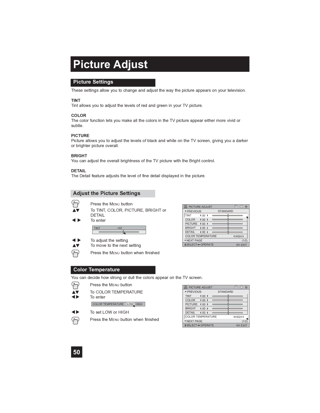 JVC PD-42V485 manual Picture Adjust, Adjust the Picture Settings, Color Temperature 