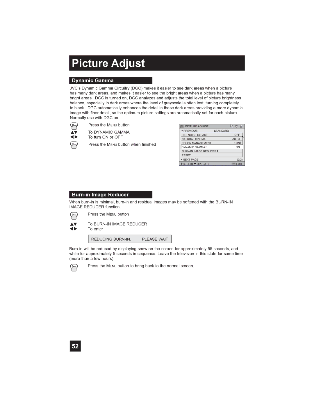 JVC PD-42V485 manual Dynamic Gamma, Burn-in Image Reducer 