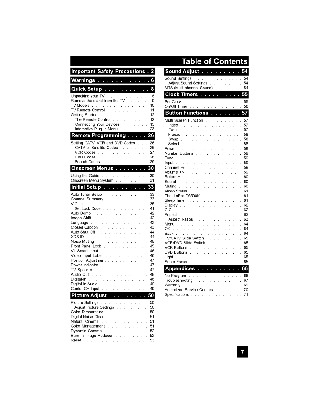 JVC PD-42V485 manual Table of Contents 