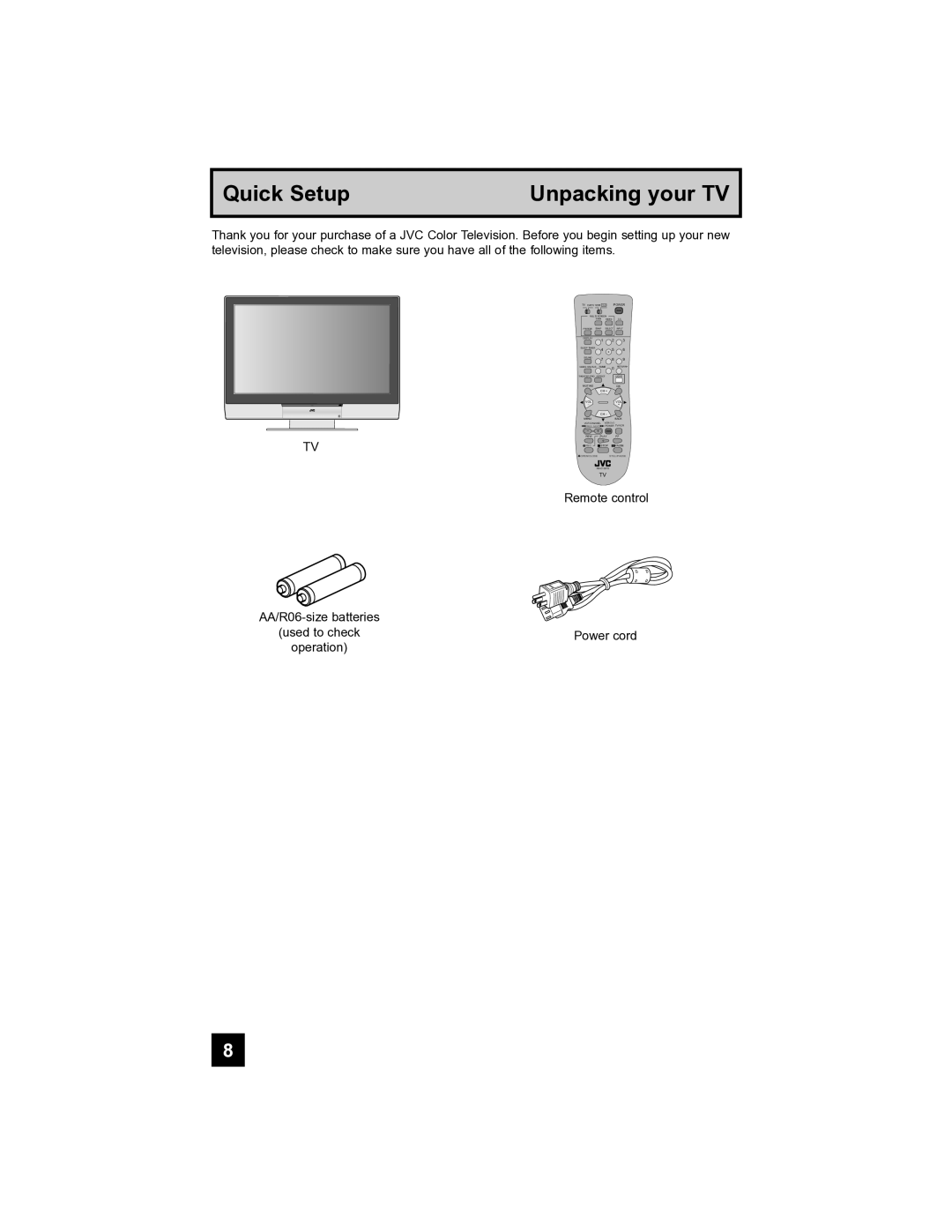 JVC PD-42V485 manual Quick Setup Unpacking your TV 