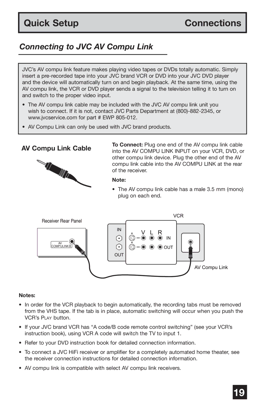 JVC PD-42WV74 manual Connecting to JVC AV Compu Link, AV Compu Link Cable 