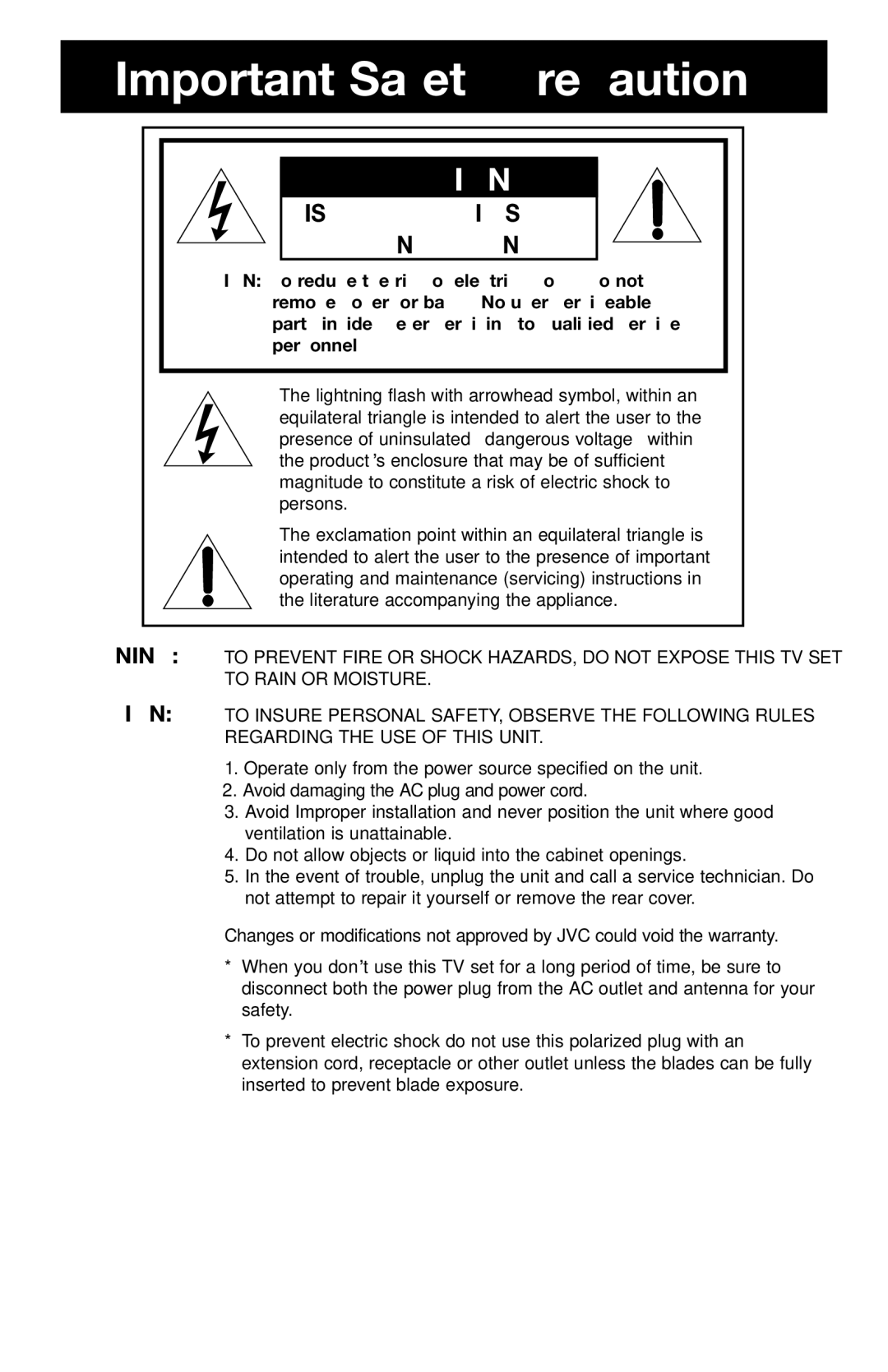 JVC PD-42WV74 manual Important Safety Precautions, Risk of Electric Shock Do not Open 