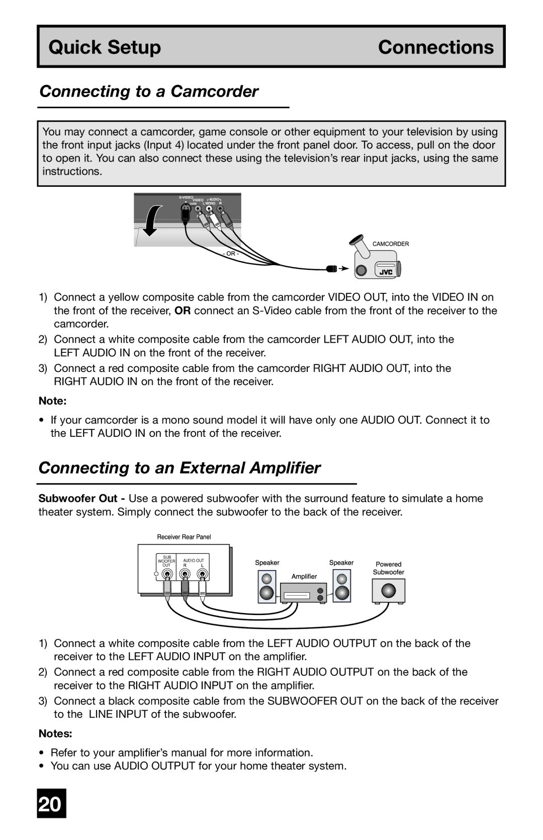 JVC PD-42WV74 manual Connecting to a Camcorder, Connecting to an External Amplifier 