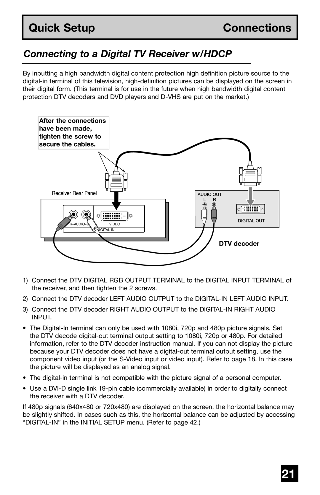 JVC PD-42WV74 manual Connecting to a Digital TV Receiver w/HDCP, DTV decoder 