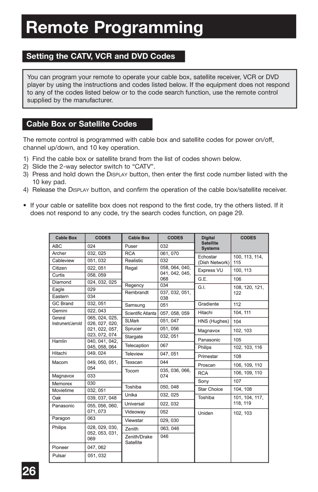 JVC PD-42WV74 manual Remote Programming, Setting the CATV, VCR and DVD Codes, Cable Box or Satellite Codes 