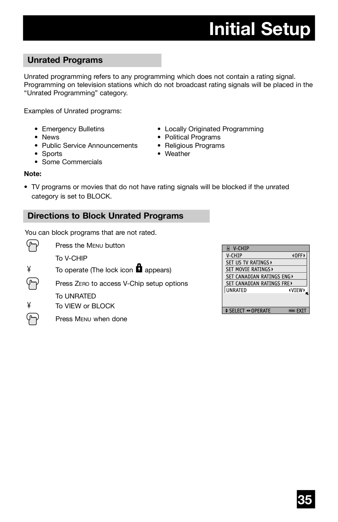 JVC PD-42WV74 manual Directions to Block Unrated Programs 