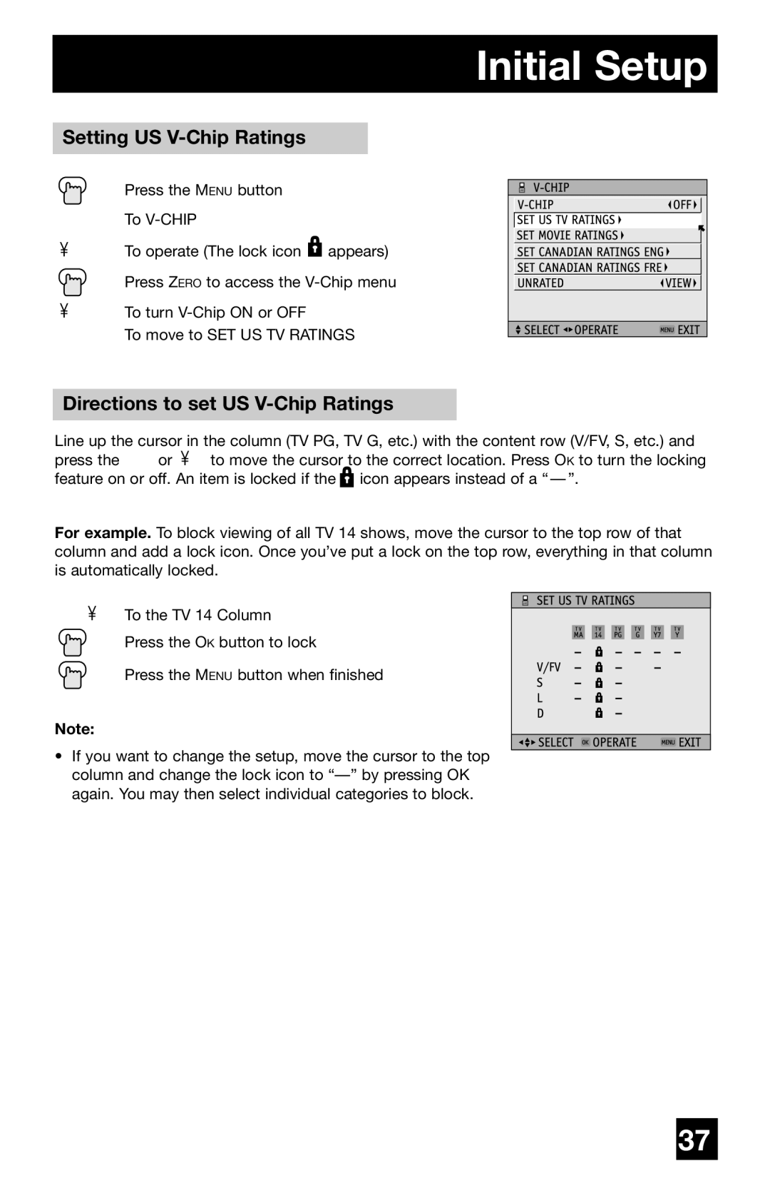 JVC PD-42WV74 manual Setting US V-Chip Ratings, Directions to set US V-Chip Ratings 