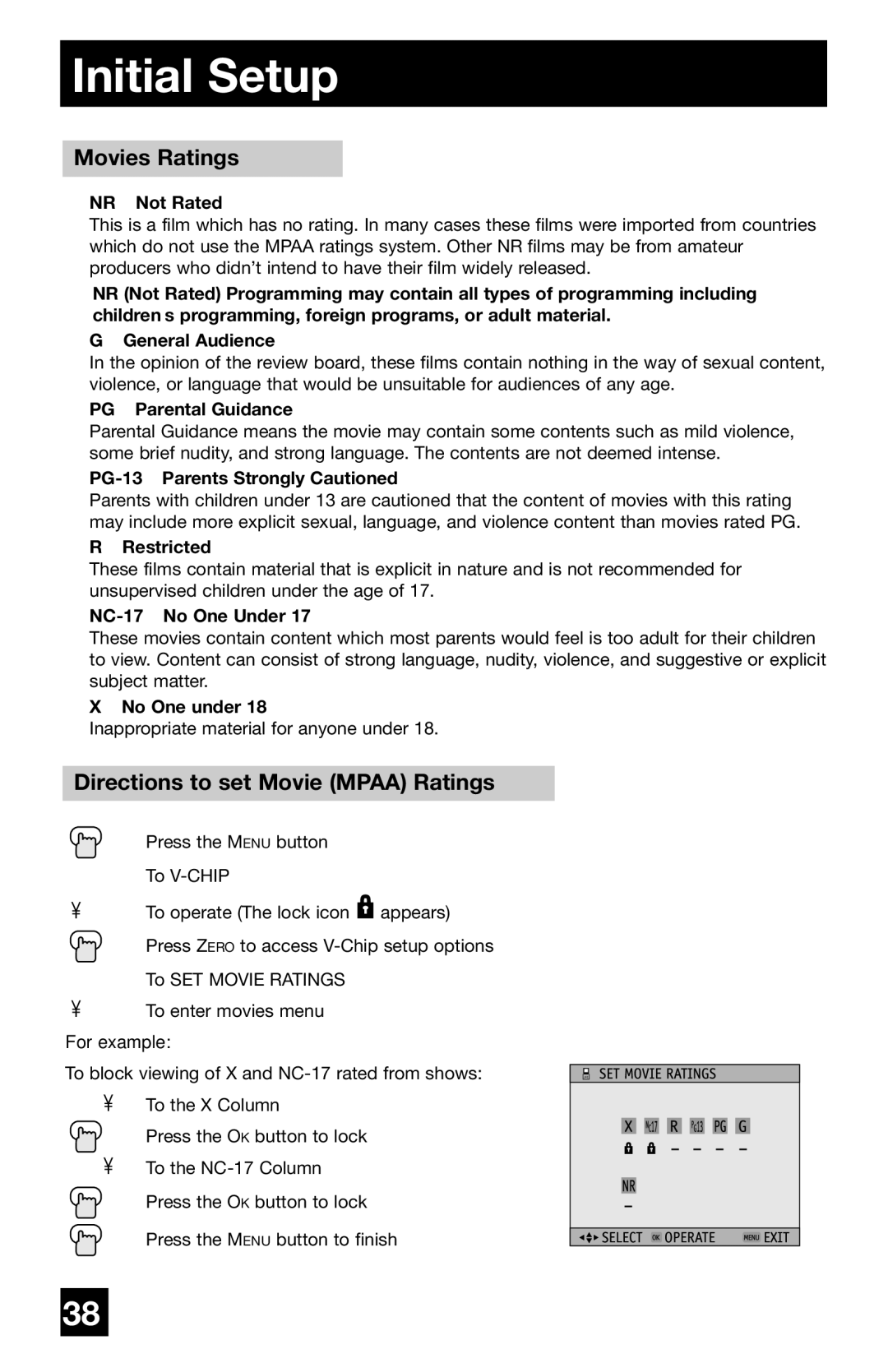 JVC PD-42WV74 manual Movies Ratings, Directions to set Movie Mpaa Ratings 