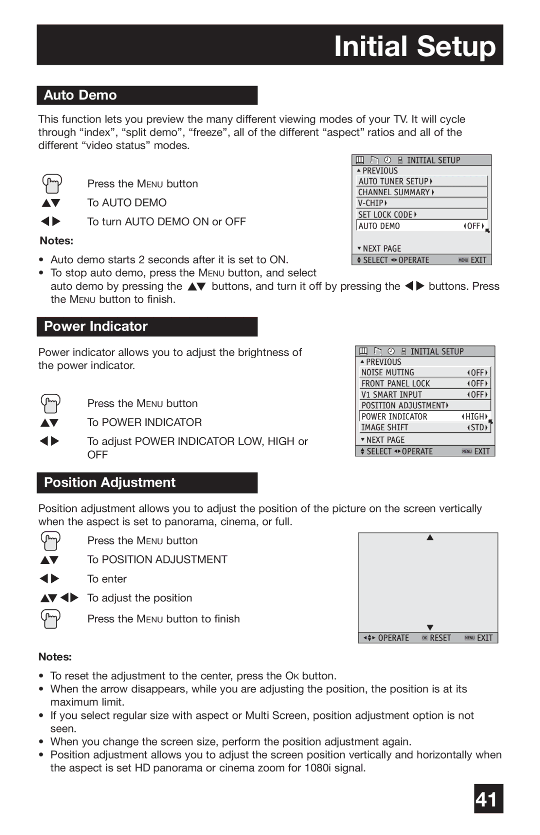 JVC PD-42WV74 manual Auto Demo, Power Indicator, Position Adjustment 