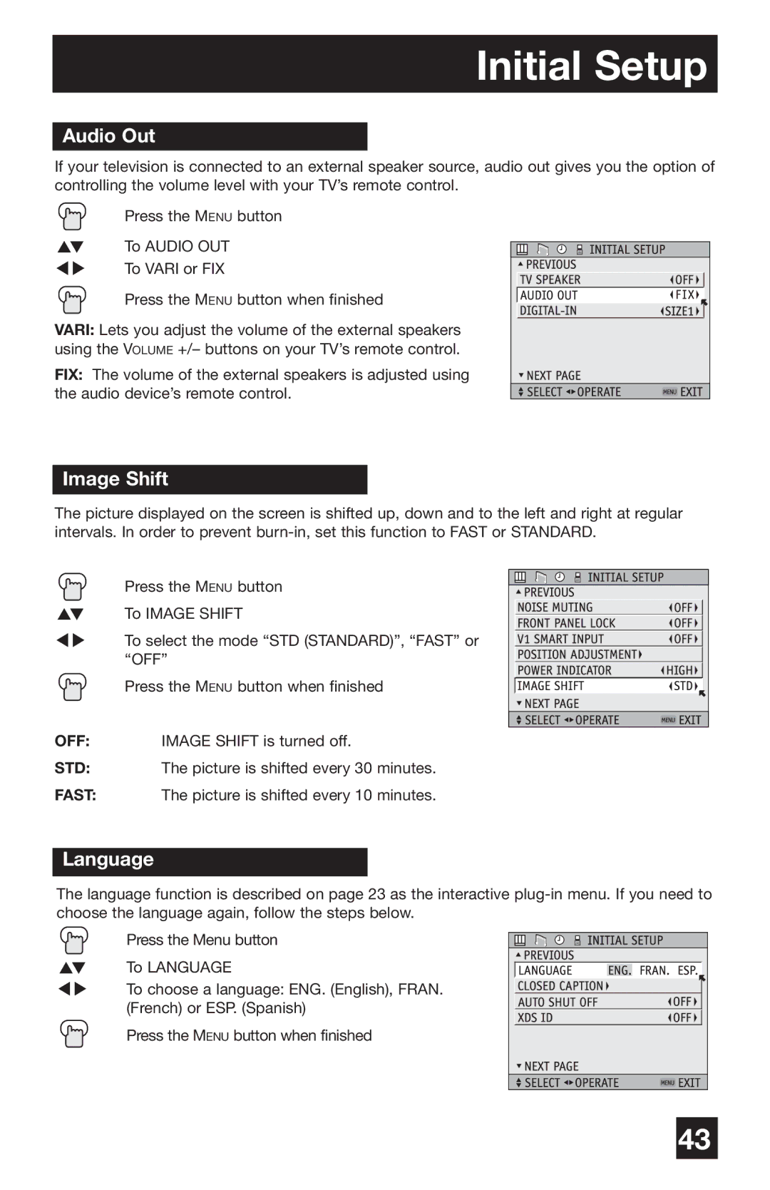 JVC PD-42WV74 manual Audio Out, Image Shift, Language 