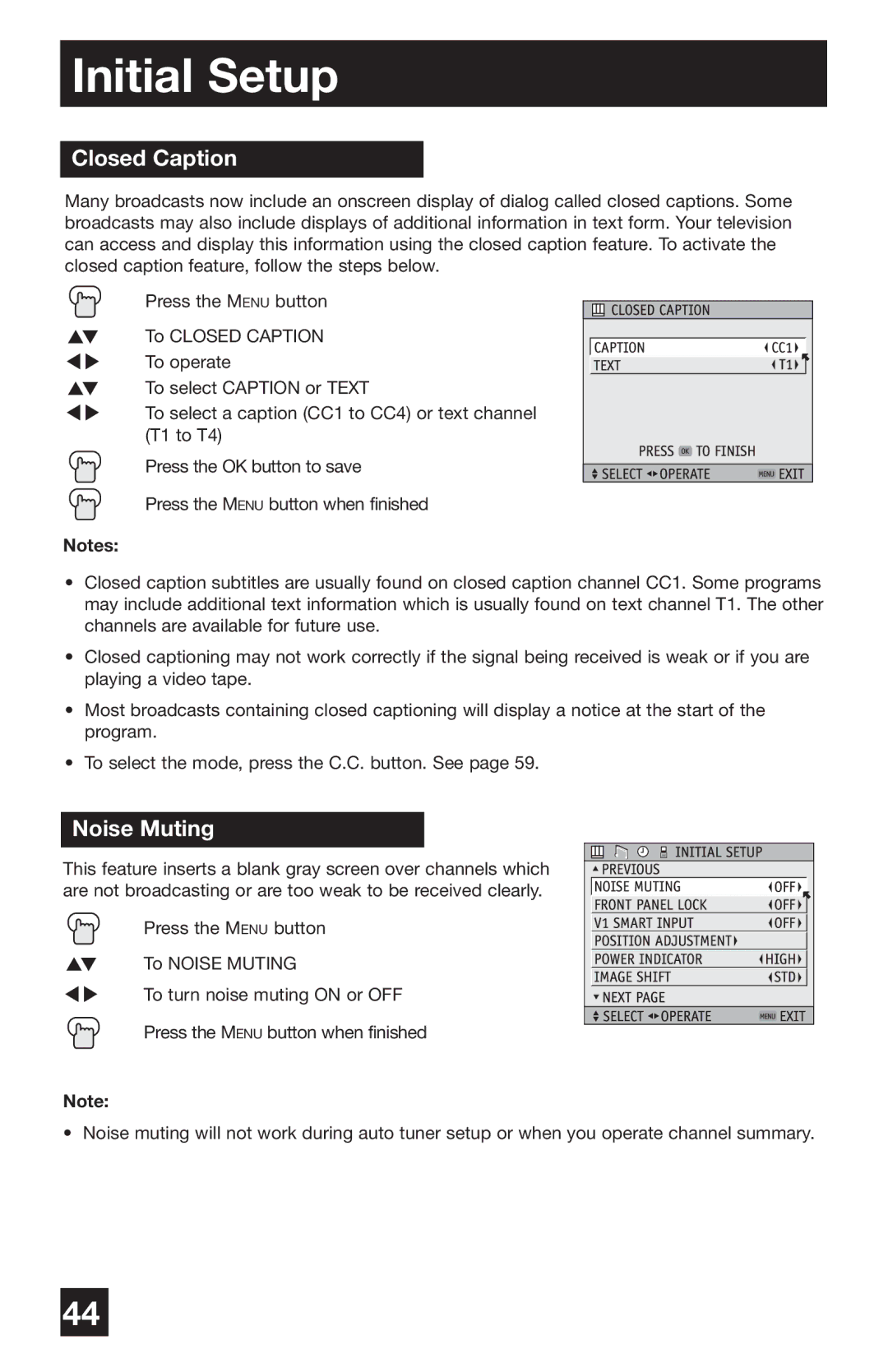 JVC PD-42WV74 manual Closed Caption, Noise Muting 