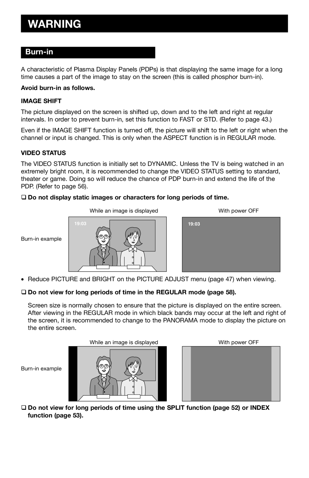 JVC PD-42WV74 manual Burn-in, Avoid burn-in as follows, Do not view for long periods of time in the Regular mode 