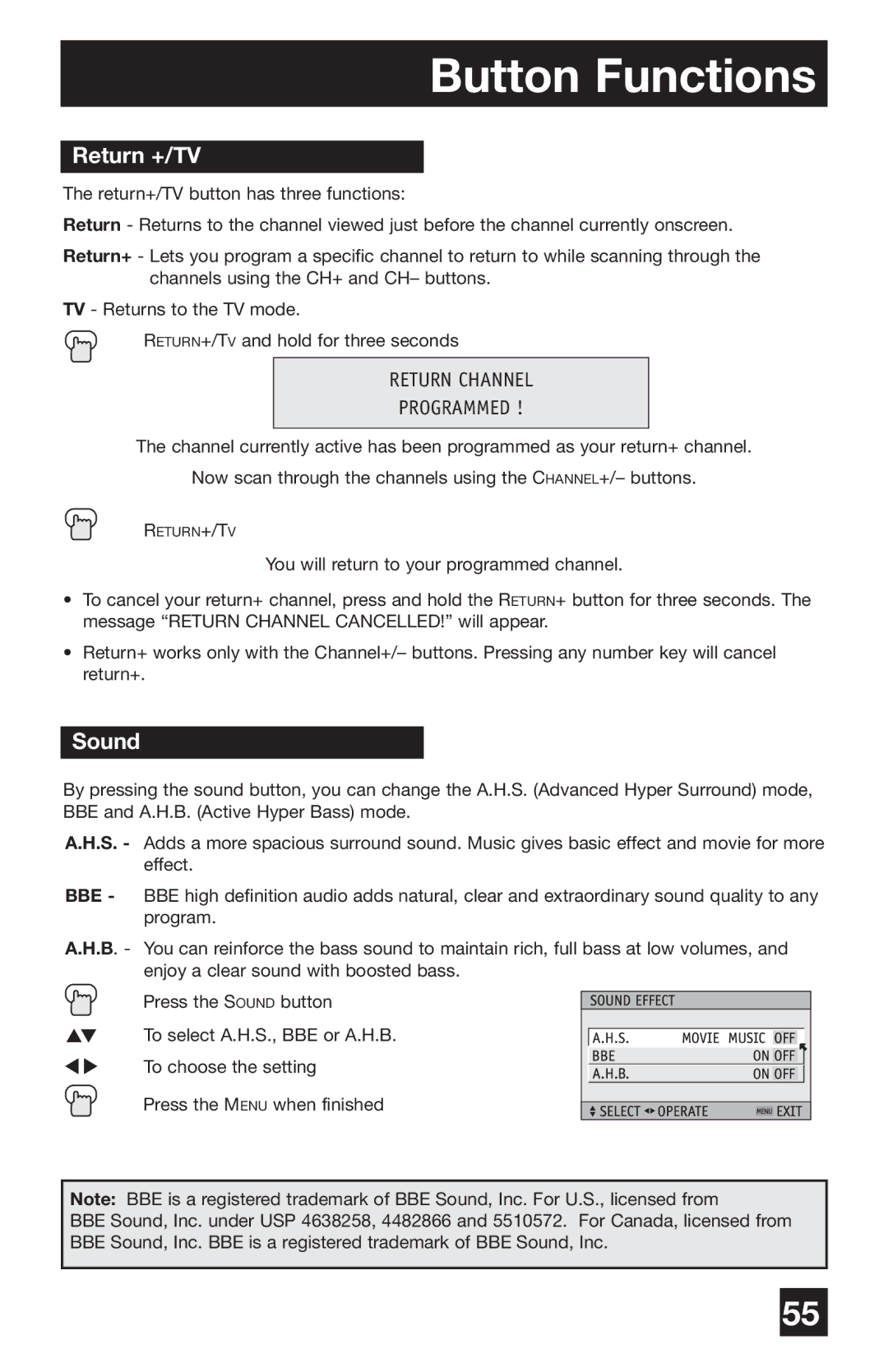 JVC PD-42WV74 manual Return +/TV, Sound 