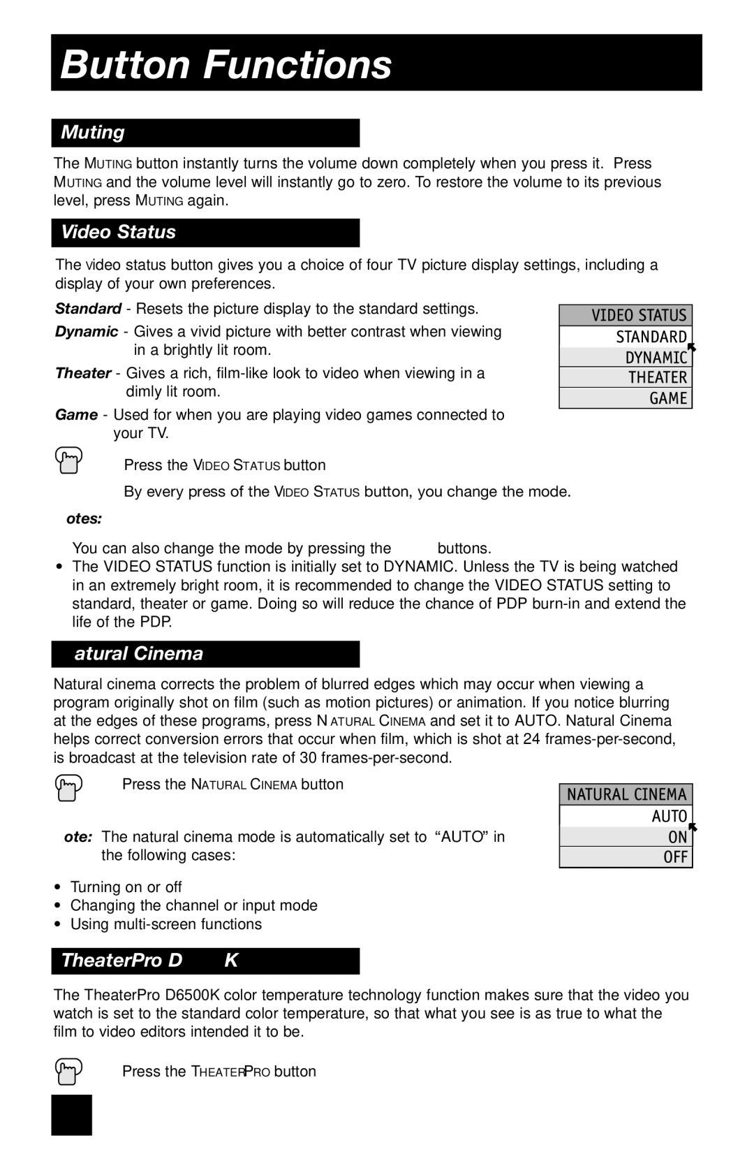 JVC PD-42WV74 manual Muting, Video Status, Natural Cinema, TheaterPro D6500K 