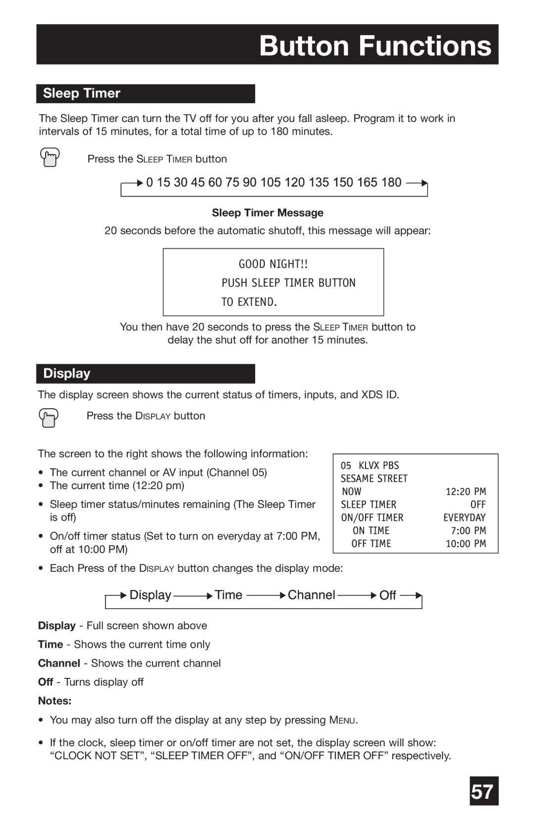 JVC PD-42WV74 manual Display, Sleep Timer Message 