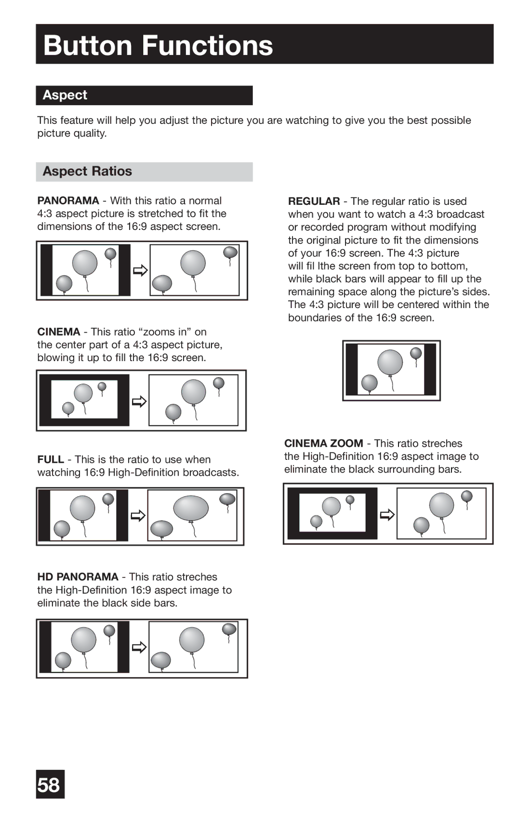 JVC PD-42WV74 manual Aspect Ratios 