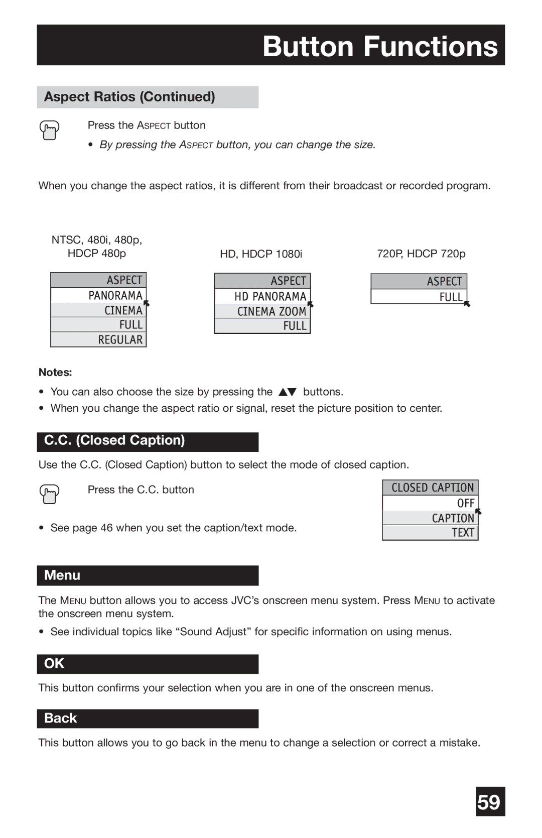 JVC PD-42WV74 manual Menu, Back 