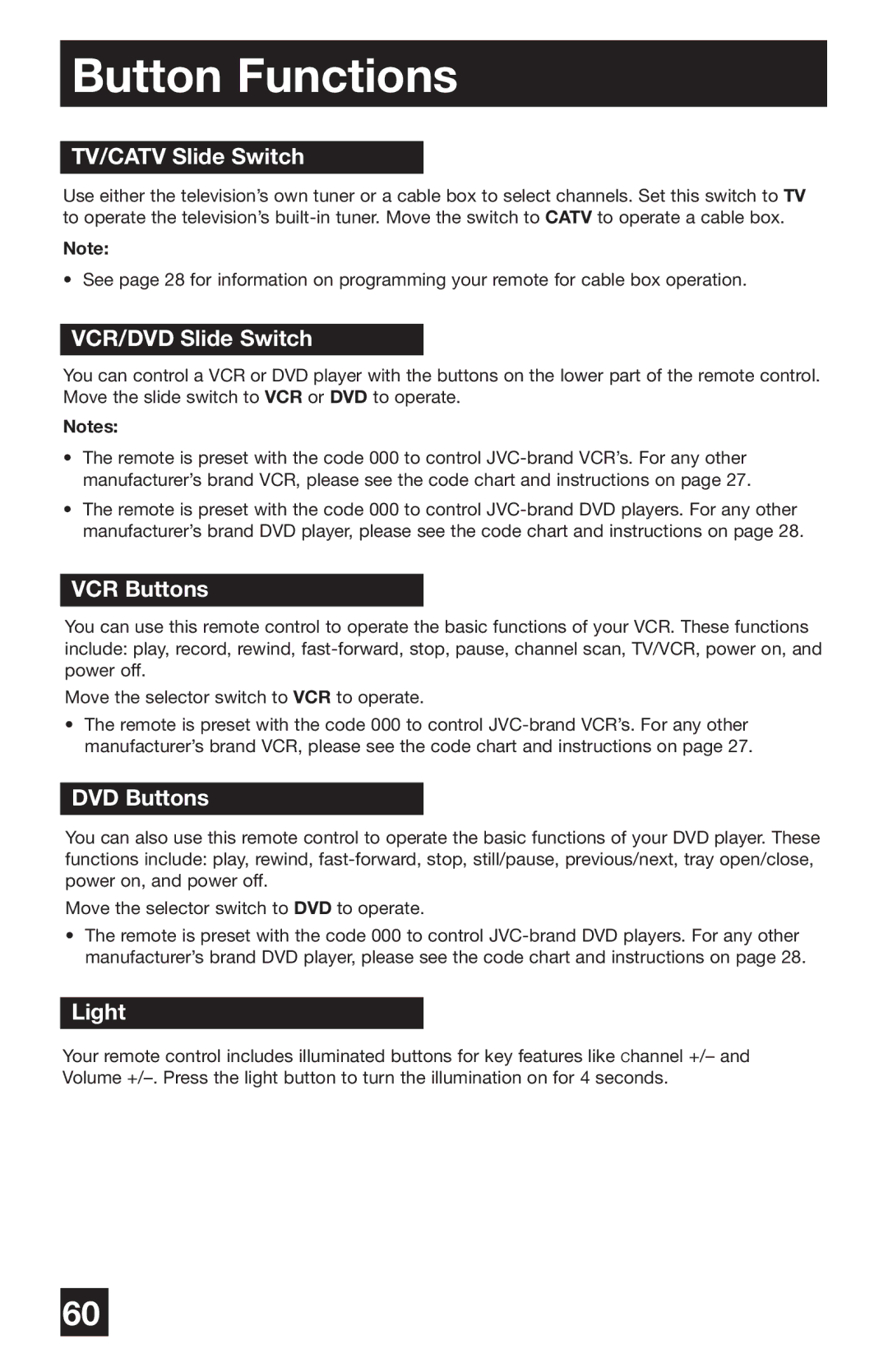JVC PD-42WV74 manual TV/CATV Slide Switch, VCR/DVD Slide Switch, VCR Buttons, DVD Buttons, Light 