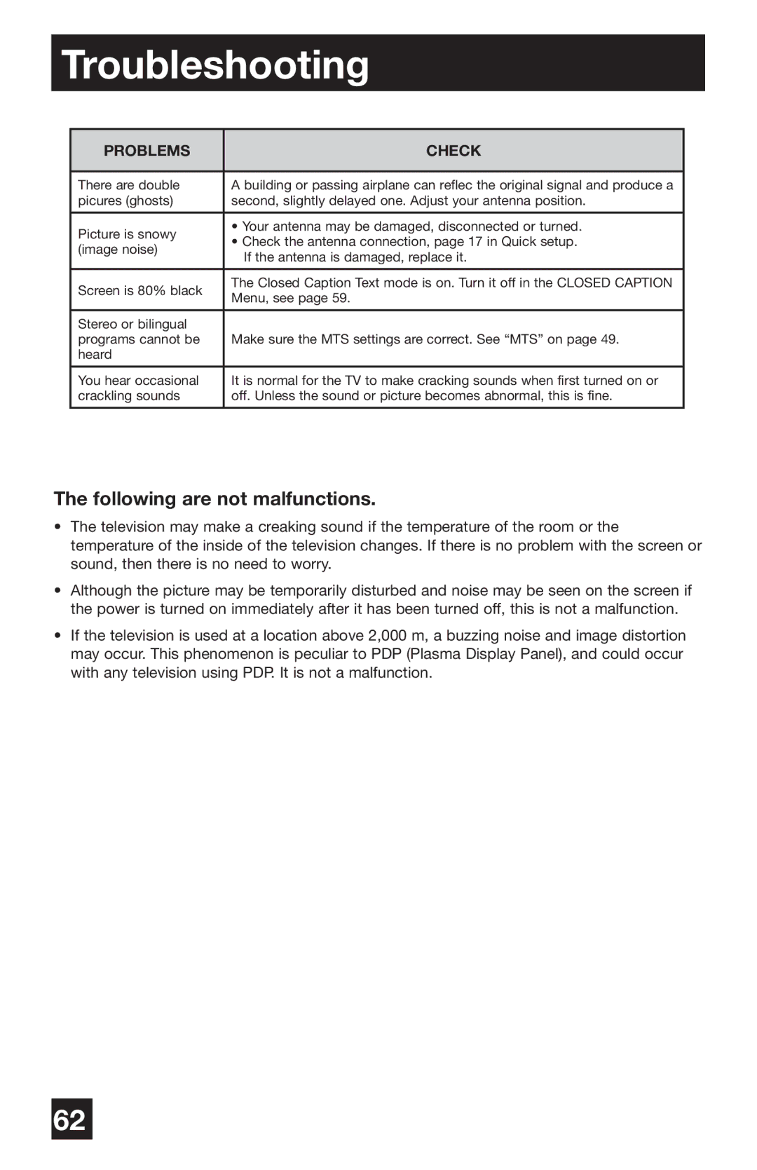 JVC PD-42WV74 manual Following are not malfunctions 