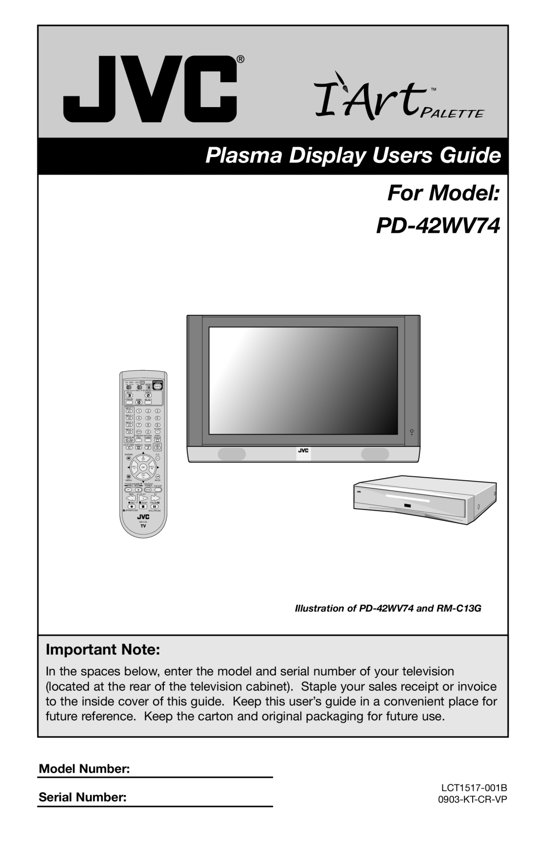 JVC manual Important Note, Model Number Serial Number, Plasma Display Users Guide, For Model PD-42WV74 