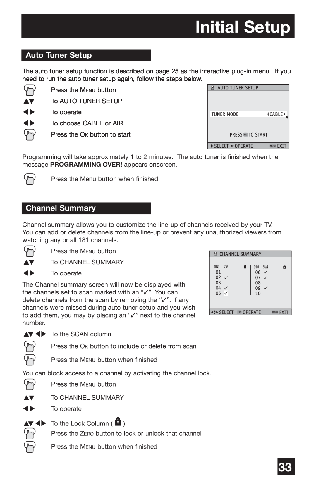JVC PD-42WV74 manual Initial Setup, Auto Tuner Setup, Channel Summary 