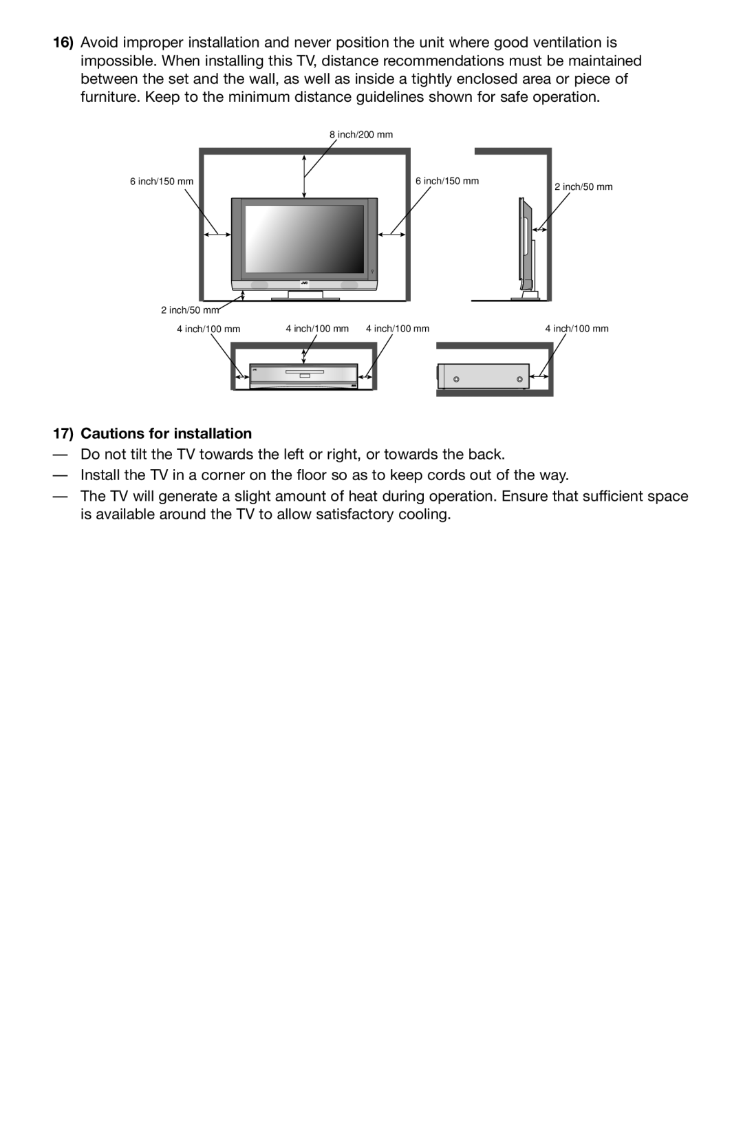 JVC PD-42WV74 manual Cautions for installation 