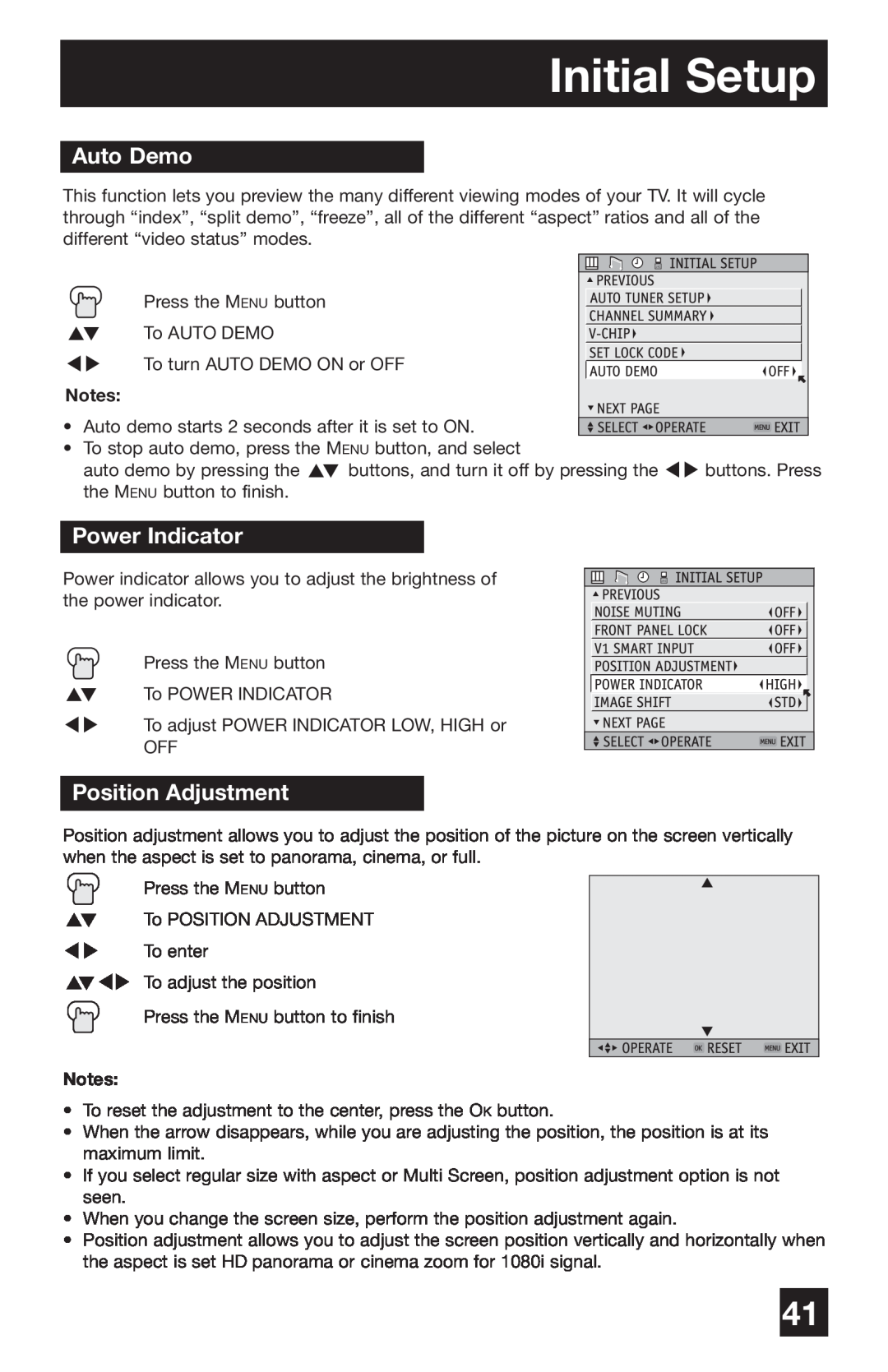 JVC PD-42WV74 manual Auto Demo, Power Indicator, Position Adjustment, Initial Setup 