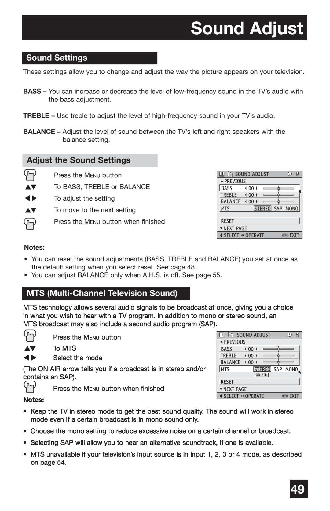 JVC PD-42WV74 manual Sound Adjust, Adjust the Sound Settings, MTS Multi-Channel Television Sound 