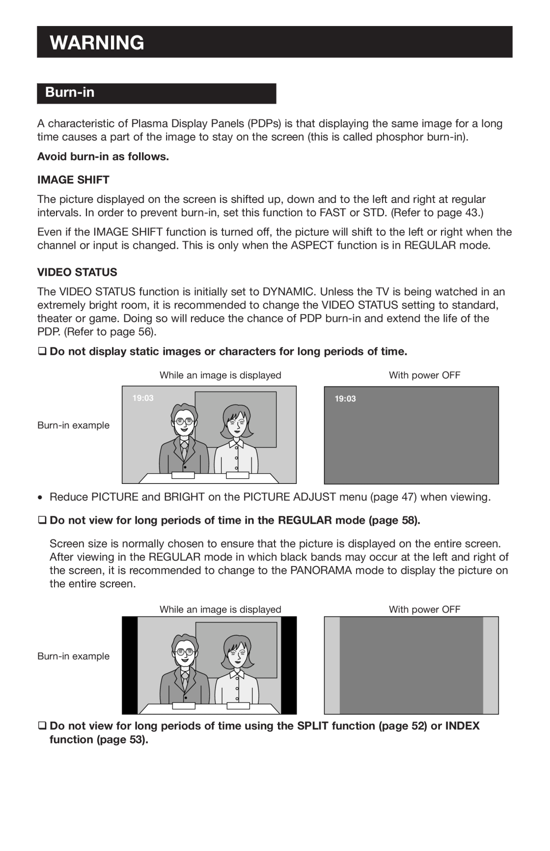 JVC PD-42WV74 manual Burn-in, Avoid burn-in as follows IMAGE SHIFT, Video Status 