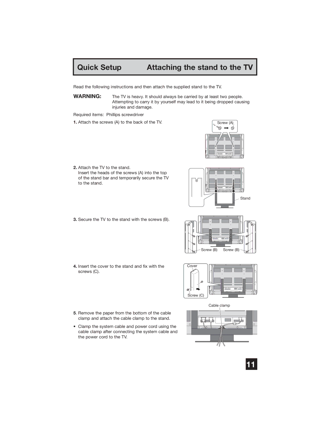 JVC PD-42WX84 manual Quick Setup Attaching the stand to the TV 