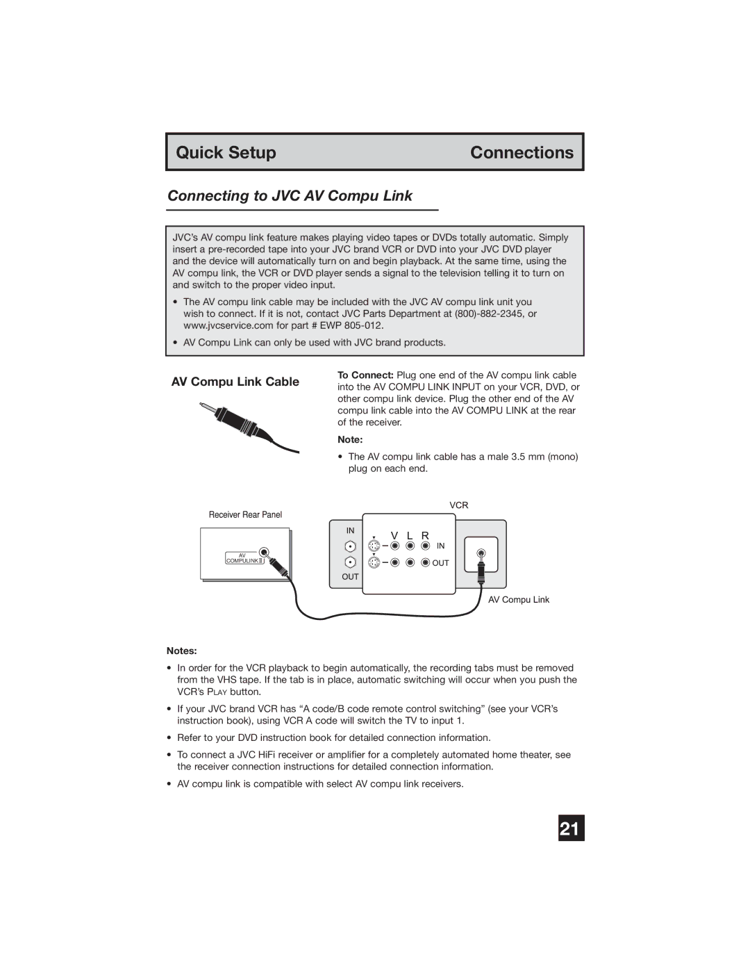 JVC PD-42WX84 manual Connecting to JVC AV Compu Link, AV Compu Link Cable 