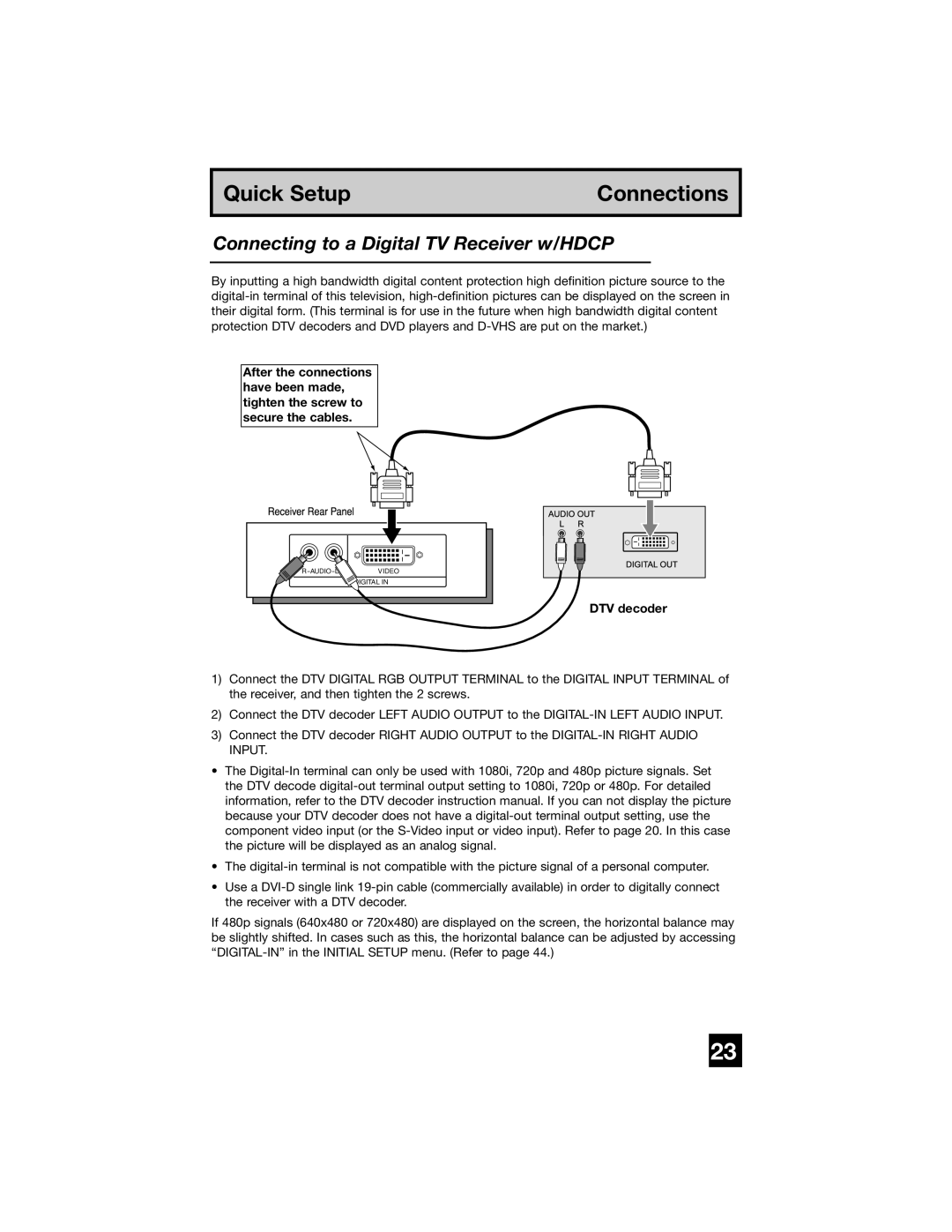 JVC PD-42WX84 manual Connecting to a Digital TV Receiver w/HDCP, DTV decoder 