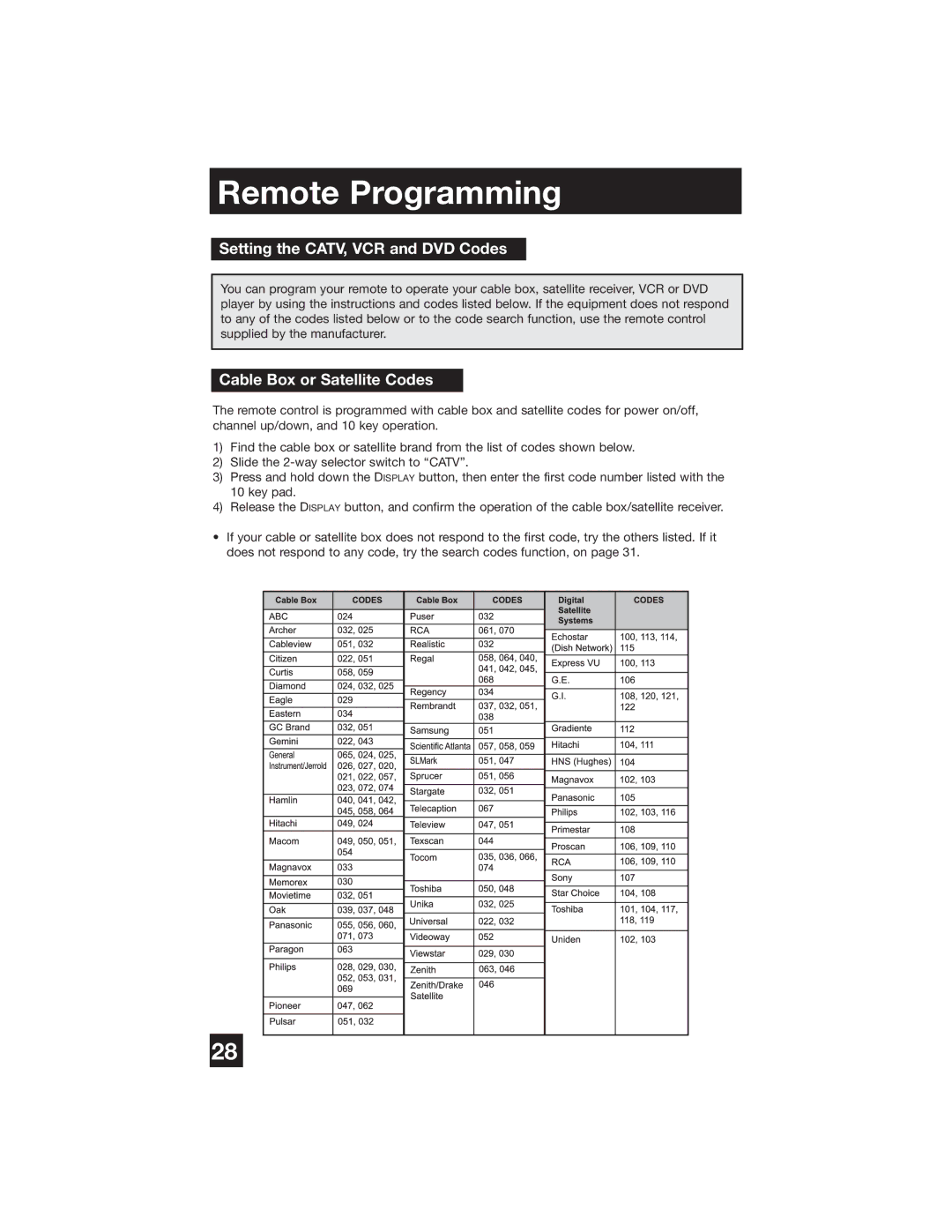 JVC PD-42WX84 manual Remote Programming, Setting the CATV, VCR and DVD Codes, Cable Box or Satellite Codes 