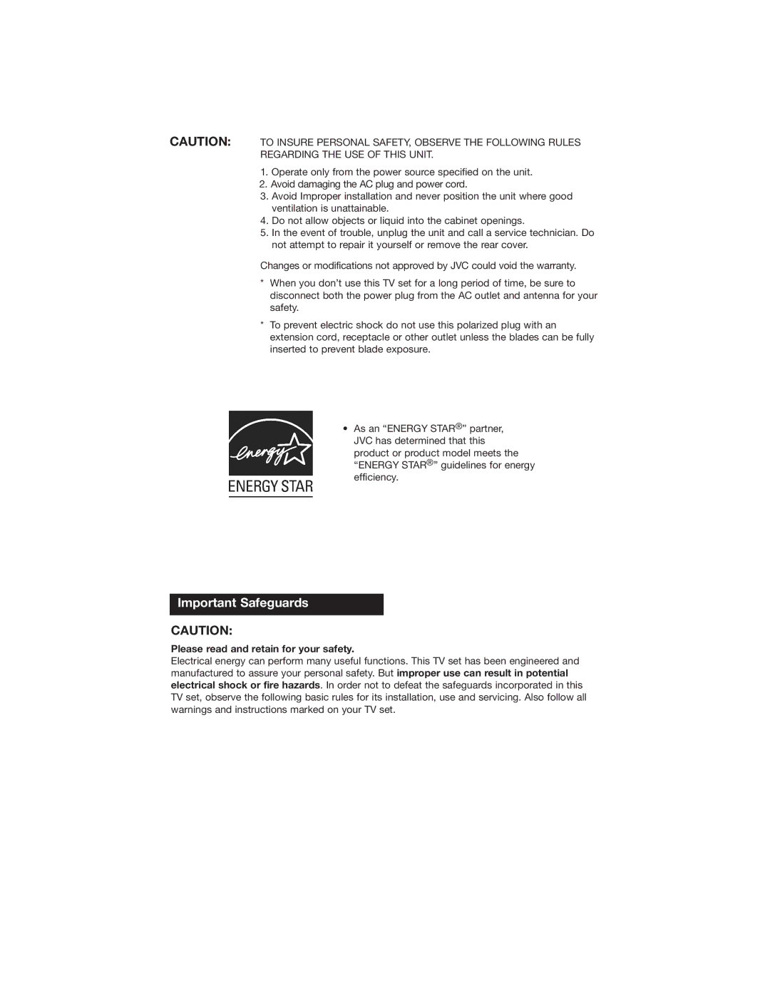 JVC PD-42WX84 manual Important Safeguards, Please read and retain for your safety 