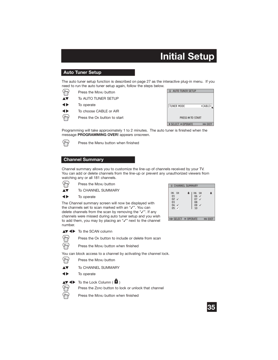 JVC PD-42WX84 manual Initial Setup, Auto Tuner Setup, Channel Summary 