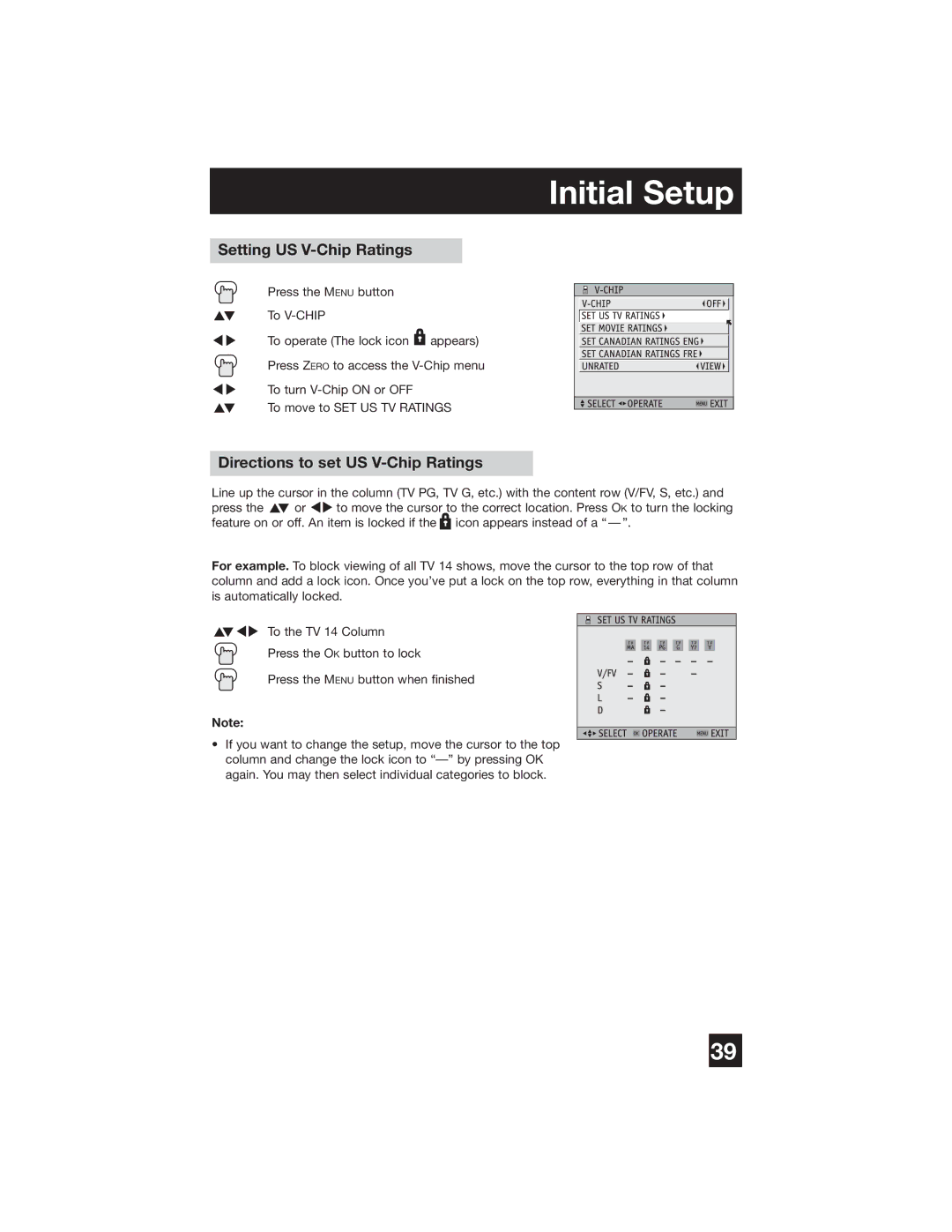 JVC PD-42WX84 manual Setting US V-Chip Ratings, Directions to set US V-Chip Ratings 