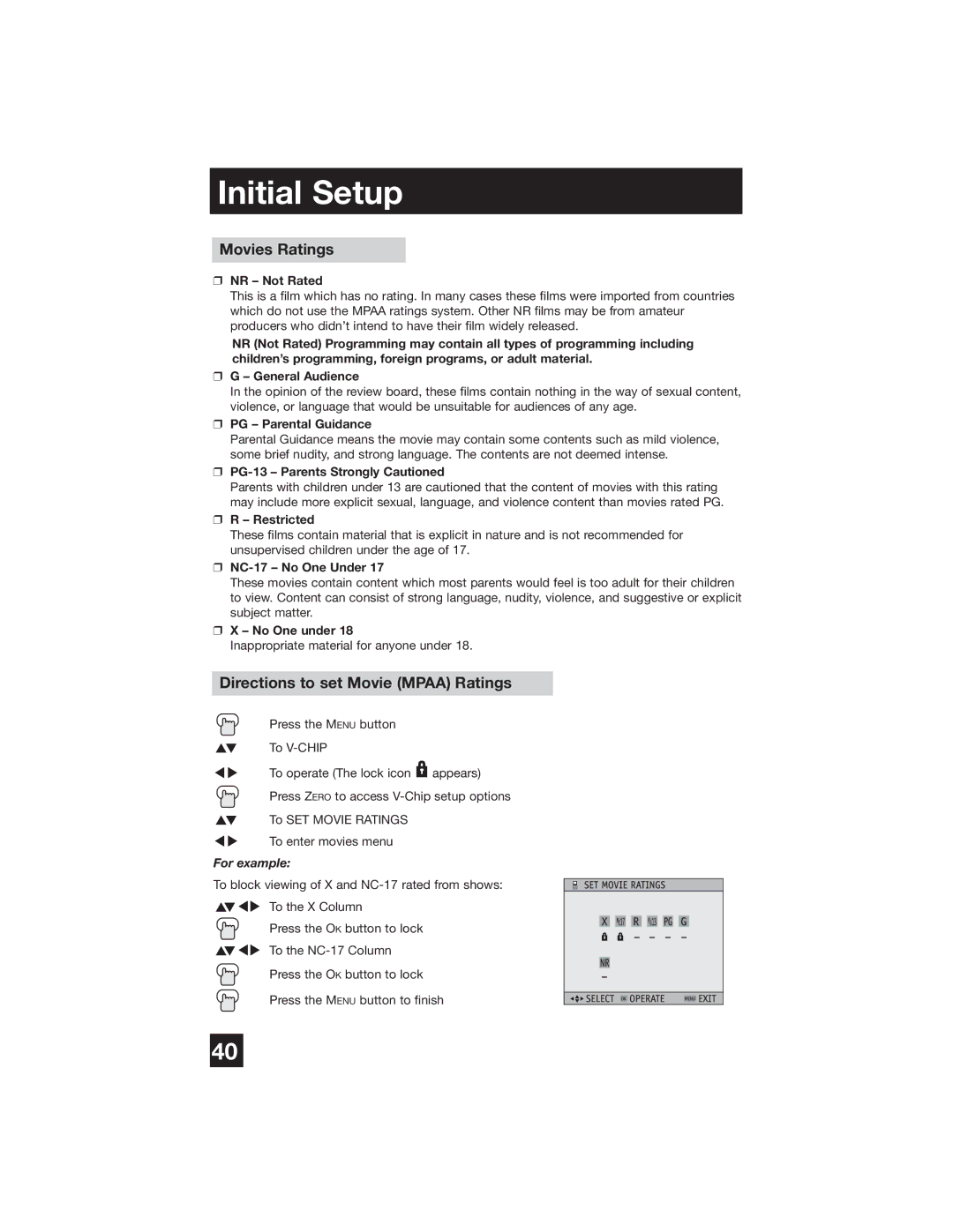 JVC PD-42WX84 manual Movies Ratings, Directions to set Movie Mpaa Ratings 